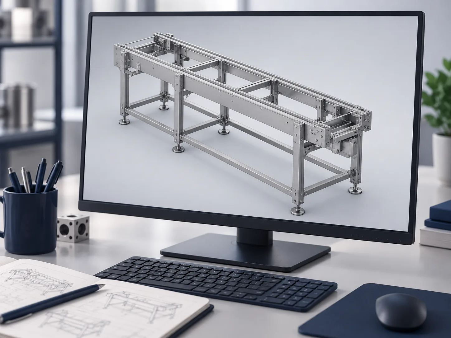Hetzelfde transportbandframe als 3D CAD-model op een monitor