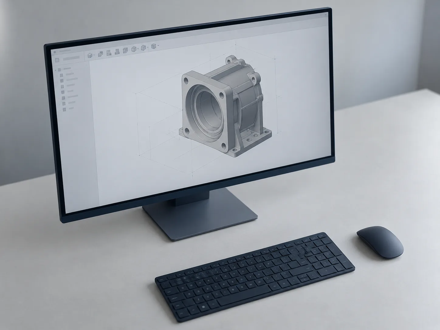 3D-model van een lagerhuis in CAD-software op een monitor