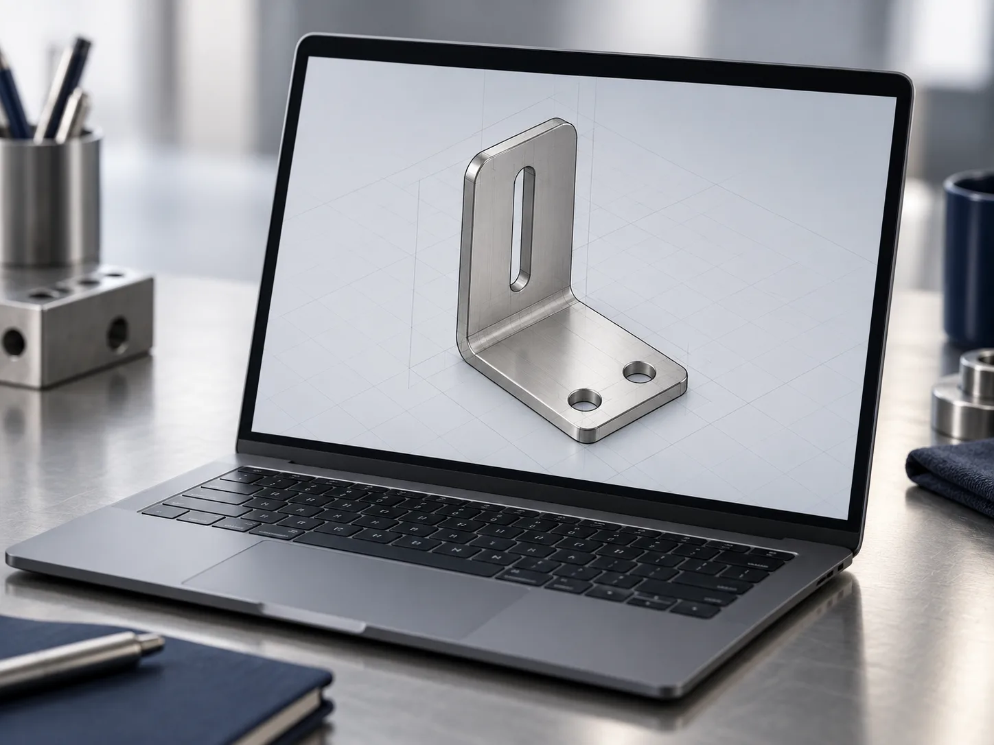 Dezelfde hoeksteun als 3D CAD-model op een laptopscherm
